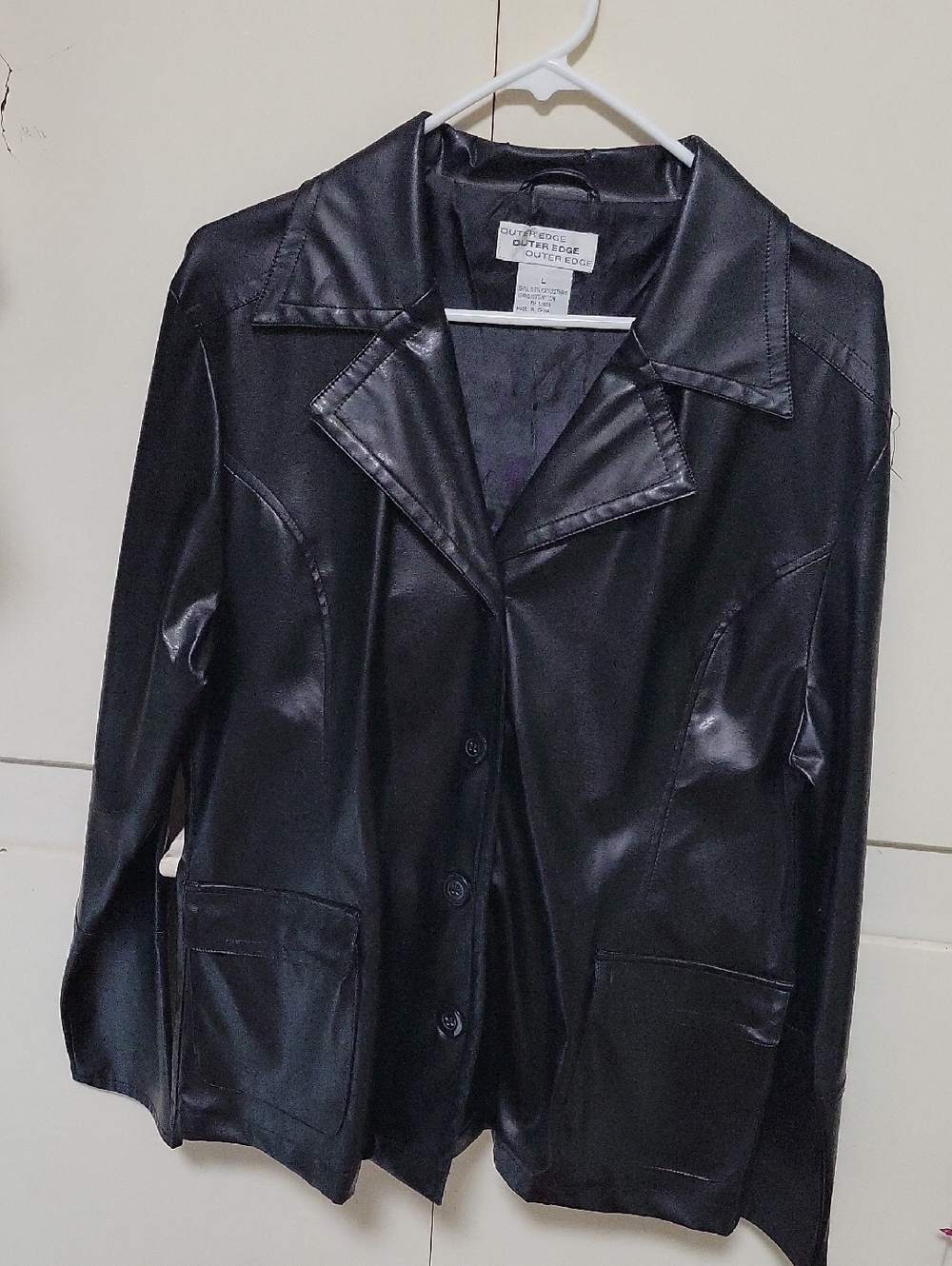 Outer Edge Black Faux Leather Button-Front Jacket